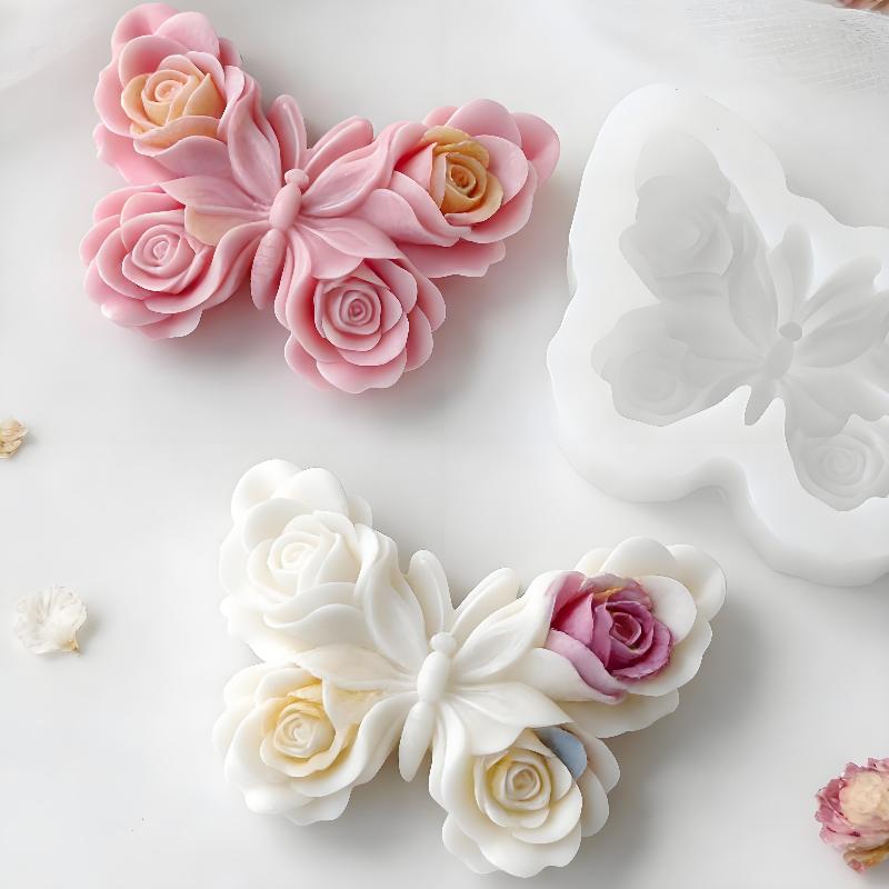 Candle Making Items - แม่พิมพ์ซิลิโคนรูปผีเสื้อกุหลาบ DIY สำหรับทำเทียนหอม ปูนปลาสเตอร์ เรซิ่นอีพ็อกซี่ ของตกแต่ง